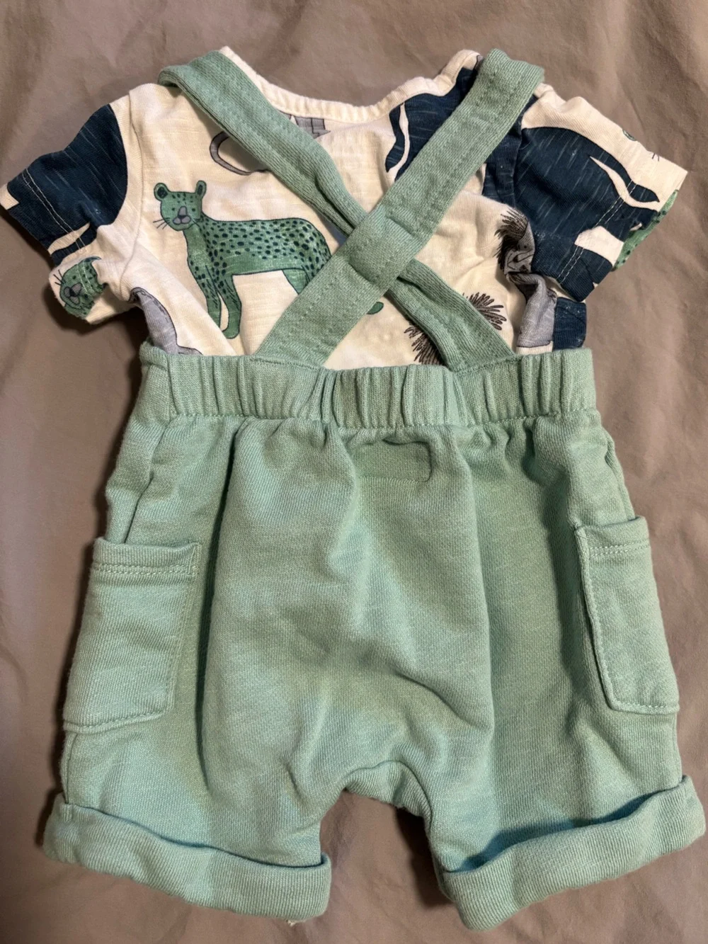 Little Planet 6M Organic Cotton Shortall Set in Green Overalls with Zoo Animals